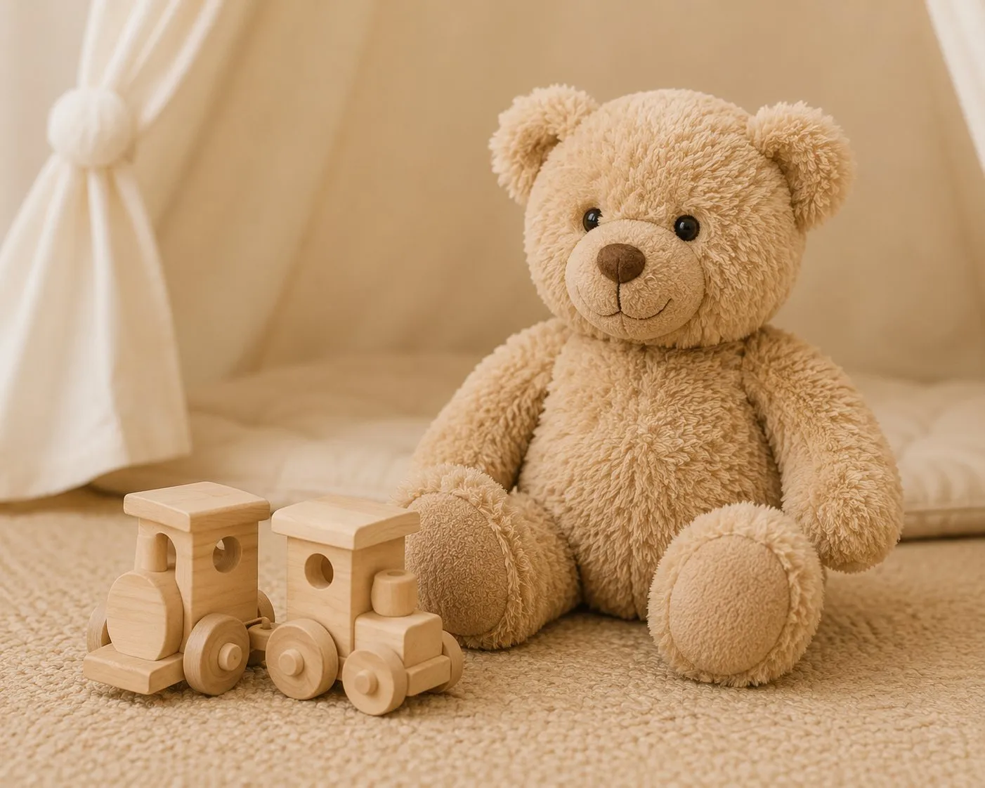 Teddy bear and wooden toys in the children's play area