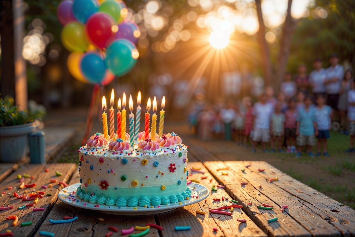 Birthday cake with lit candles at sunset
